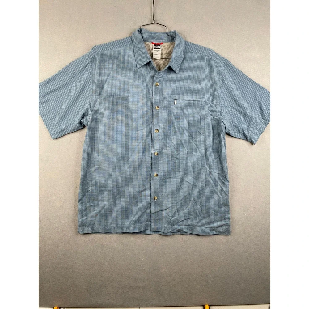 The North Face Mens Blue Grid Short Sleeve Vented Hiking Button Up Shirt Large